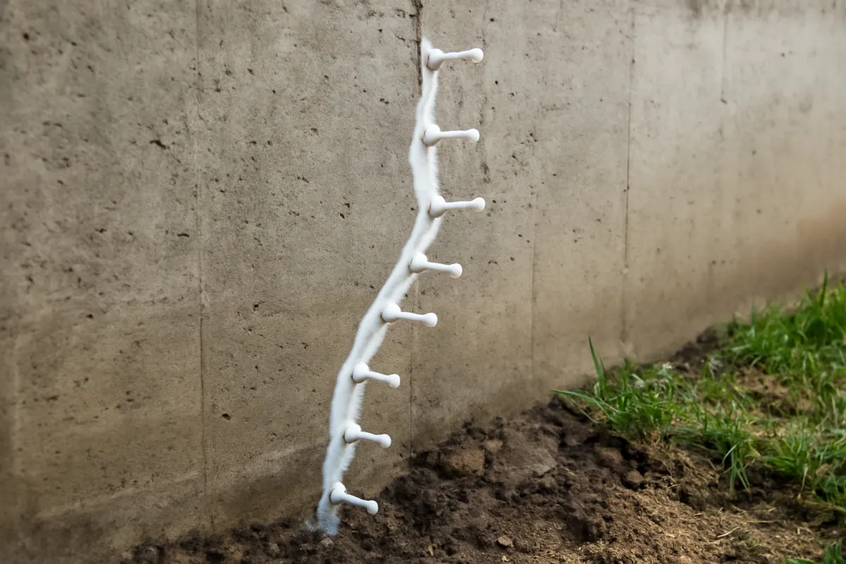 A vertical crack in an exterior concrete foundation wall sealed with a line of white epoxy injection ports, bare soil and grass at the base of the wall