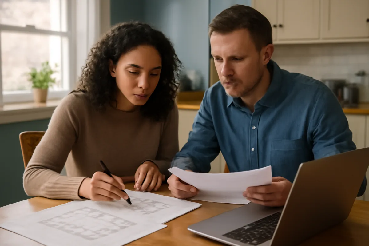 Two homeowners planning a home renovation budget with paper plans and a laptop at a kitchen table in warm daylight