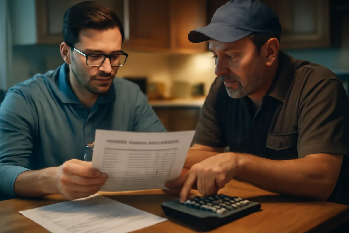 Two men at a kitchen table, one reading a printed sheet with rows of text while the other works a calculator