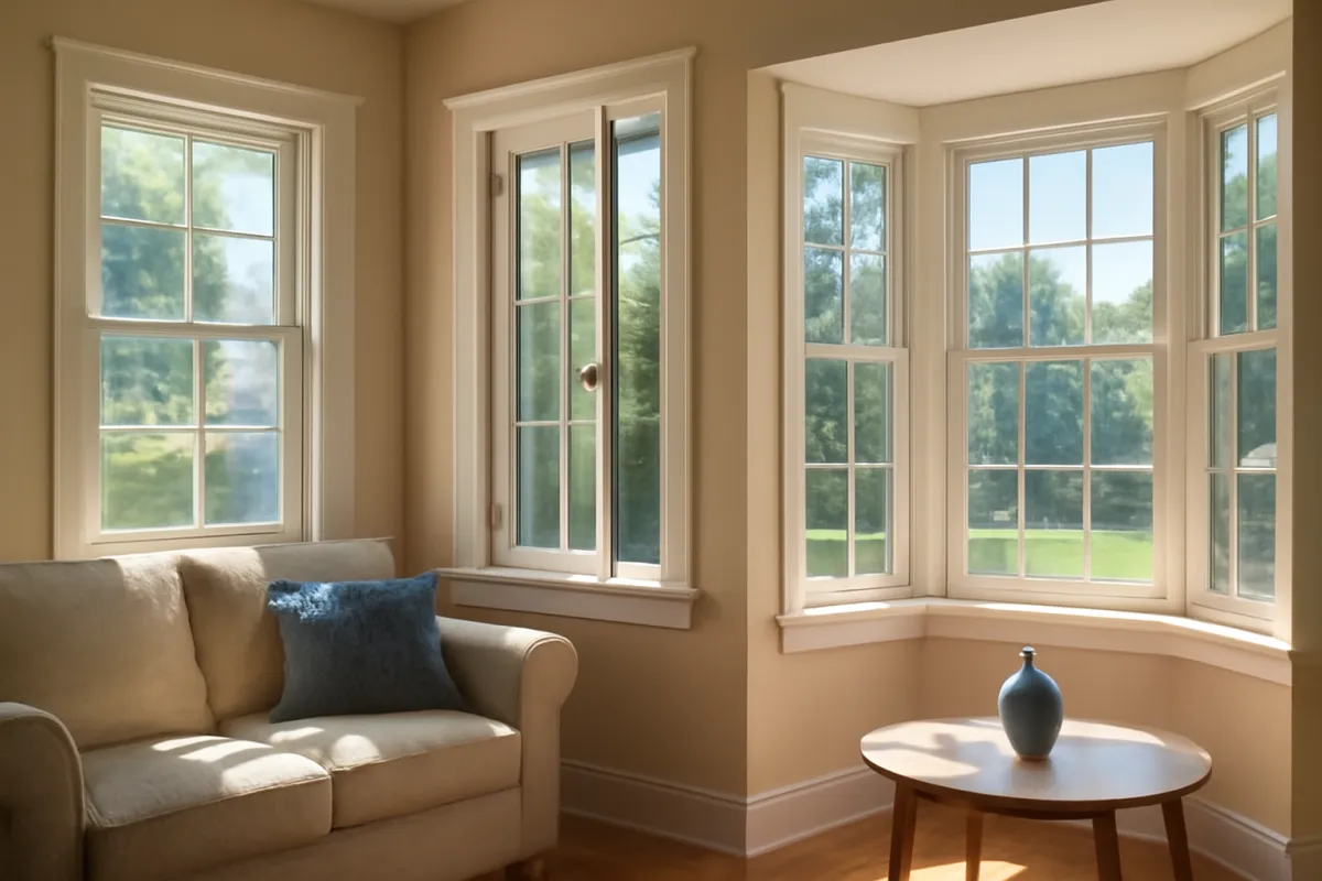 A sunlit living room wall showing several window styles together including a double-hung, a casement, and a bay window in warm natural light