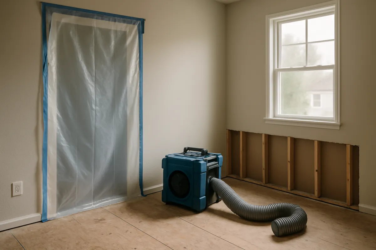 An empty room with clear plastic sheeting taped across a doorway, a portable filtration unit with a flexible duct hose on a bare plywood floor, and drywall removed to expose studs along the lower part of one wall