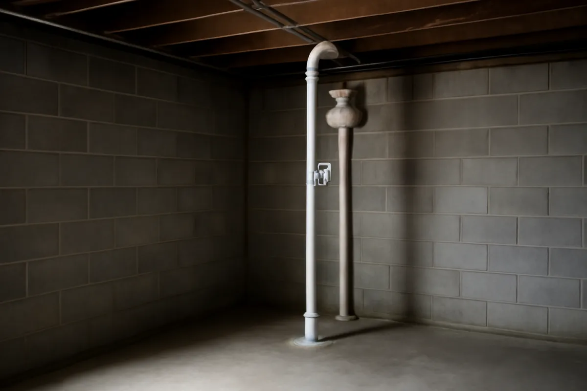 A white PVC radon mitigation pipe with an inline fan running from the concrete floor up through the wood ceiling joists in an unfinished basement with concrete block walls