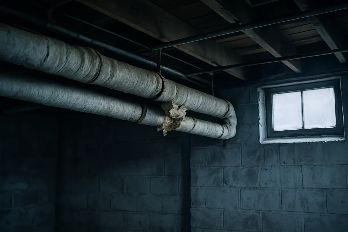 A dim unfinished basement with painted concrete block walls, a small window high on one wall, and two pipes wrapped in a light grey fibrous covering running beneath wood joists