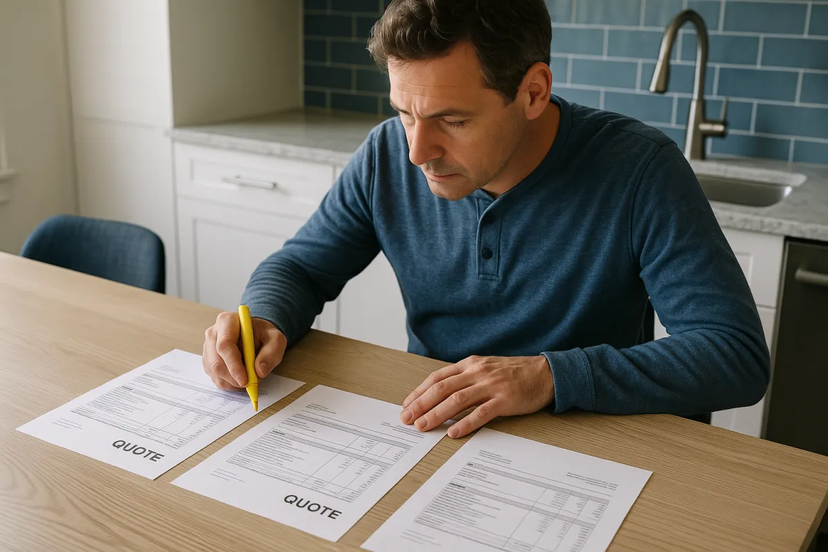 A homeowner comparing three printed contractor quotes side by side with a highlighter