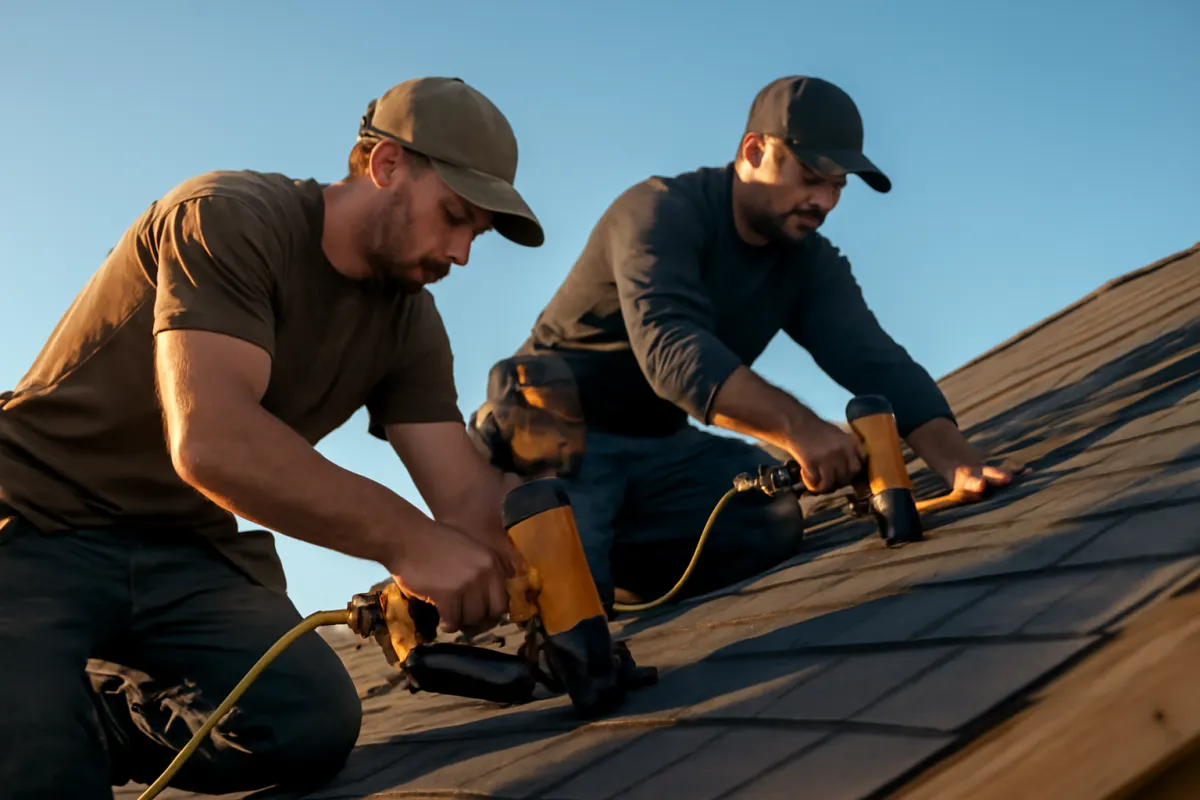 Two professional roofers working on a residential pitched roof under a clear sky in warm afternoon light