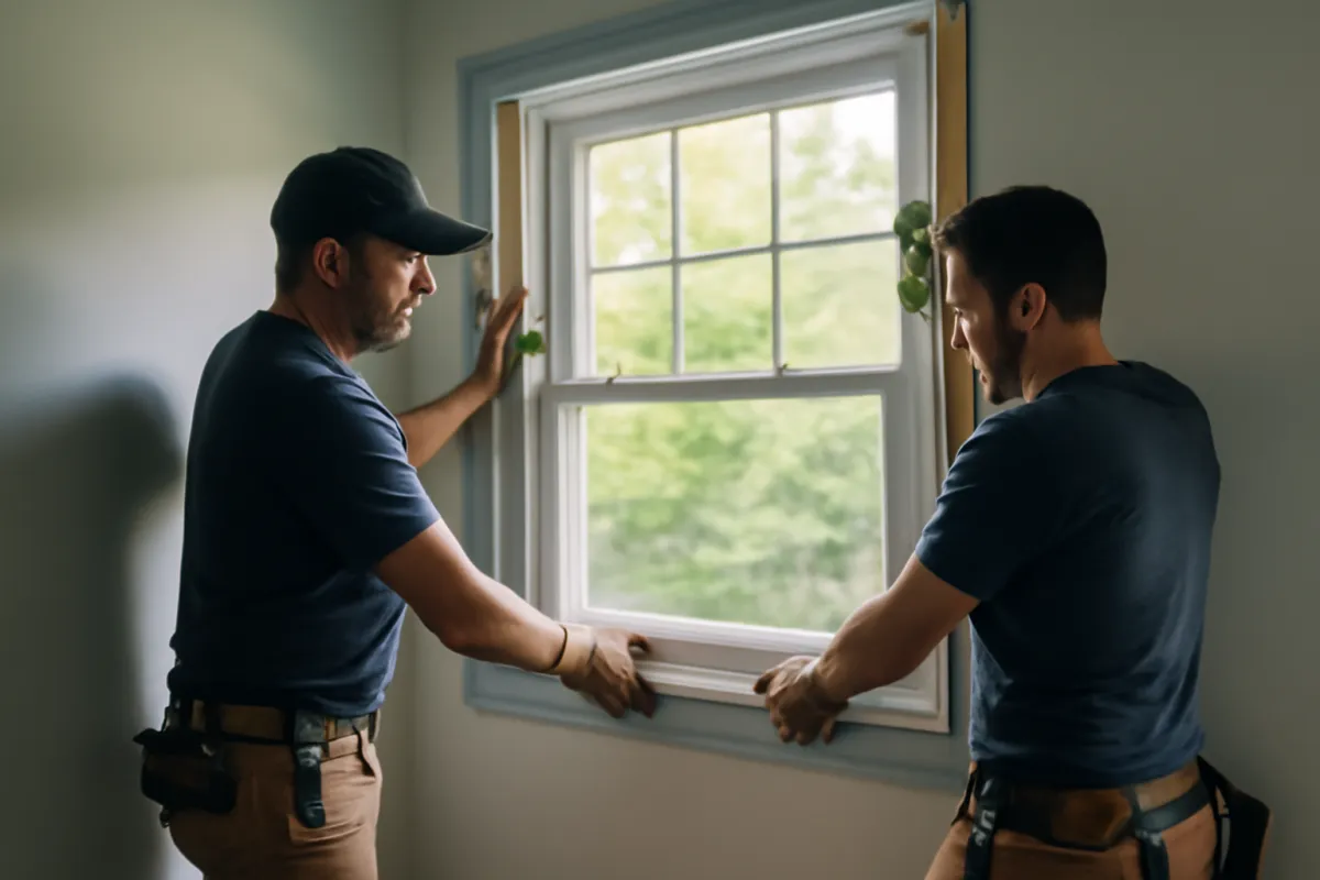 Two professional installers fitting a new white double-hung window into the opening of a bright residential room in warm daylight