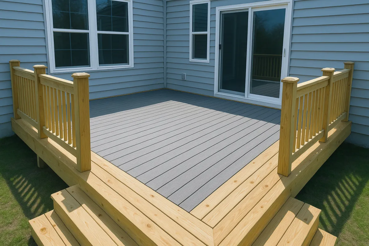 A newly built deck with gray composite boards and fresh wood railings and steps, attached to a home in bright natural daylight