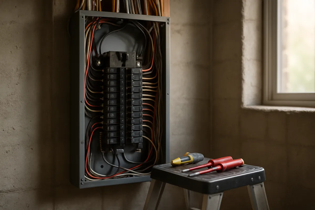 An open grey electrical panel mounted on a concrete block wall with its cover removed, two vertical rows of black breakers and red, white and tan wires routed around them, and a step stool in front holding a tester and two red-handled screwdrivers