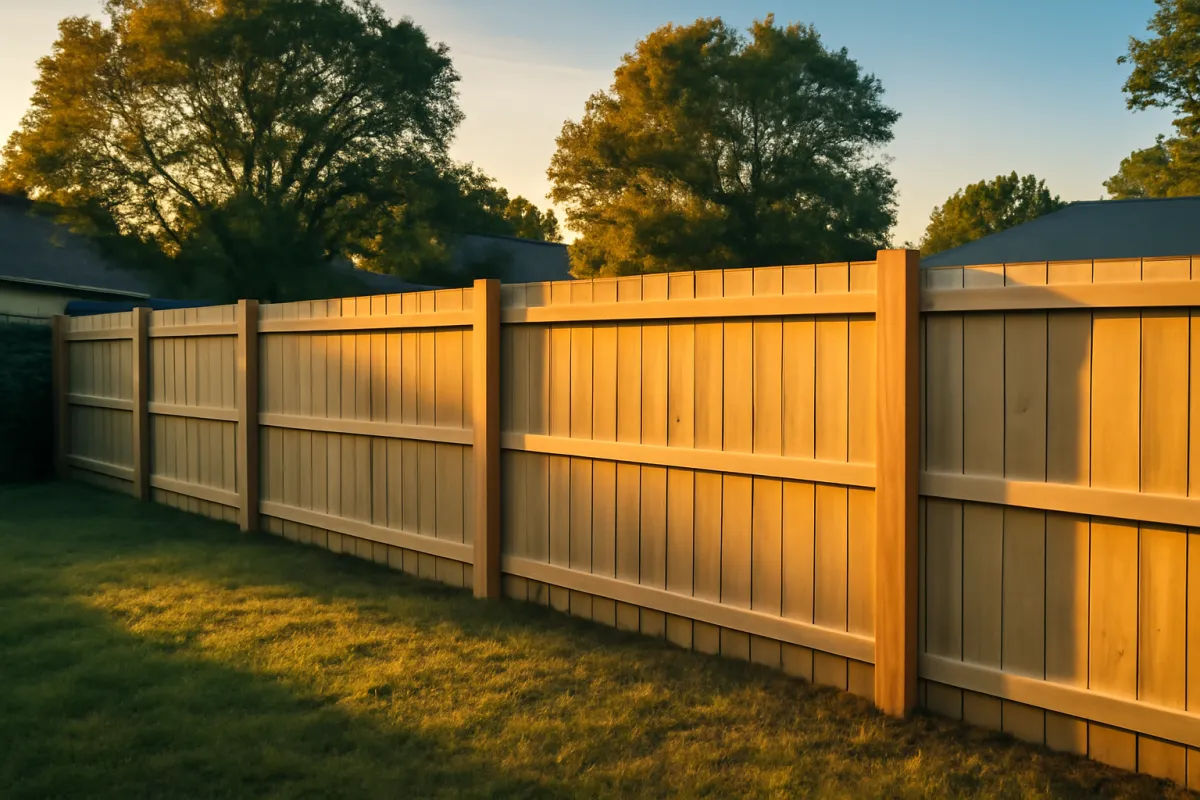 A backyard wood privacy fence in warm evening light with large mature trees rising close behind it against the sky