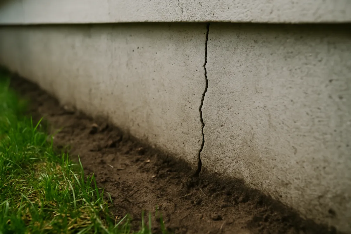 A thin vertical crack running down the outside face of a light grey concrete foundation wall, with a band of bare dark soil and grass along the base