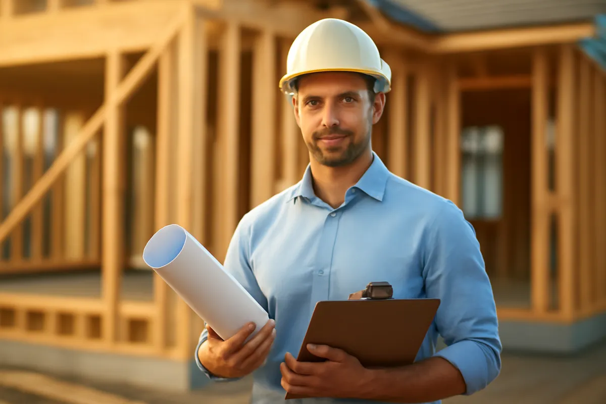 A general contractor holding rolled blueprints and a clipboard at a residential job site in warm light
