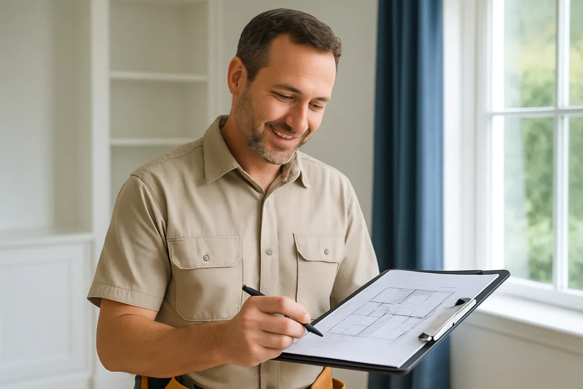 A contractor reviewing home renovation plans on a clipboard inside a bright home