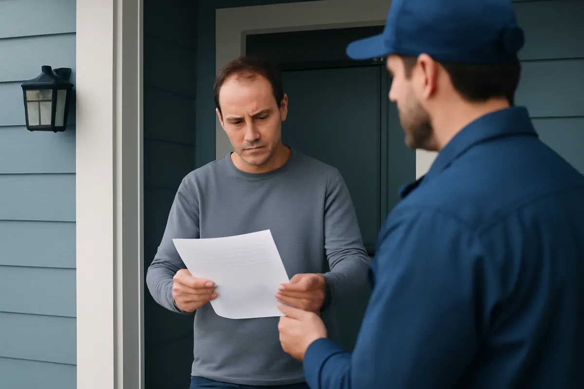 A homeowner on their front porch reviewing a printed document during a dispute with a contractor