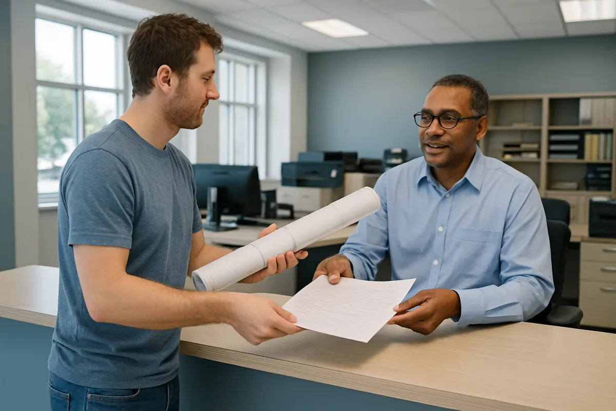 A homeowner handing a rolled set of building plans and a paper application to a clerk at a municipal permit office service counter in neutral daylight
