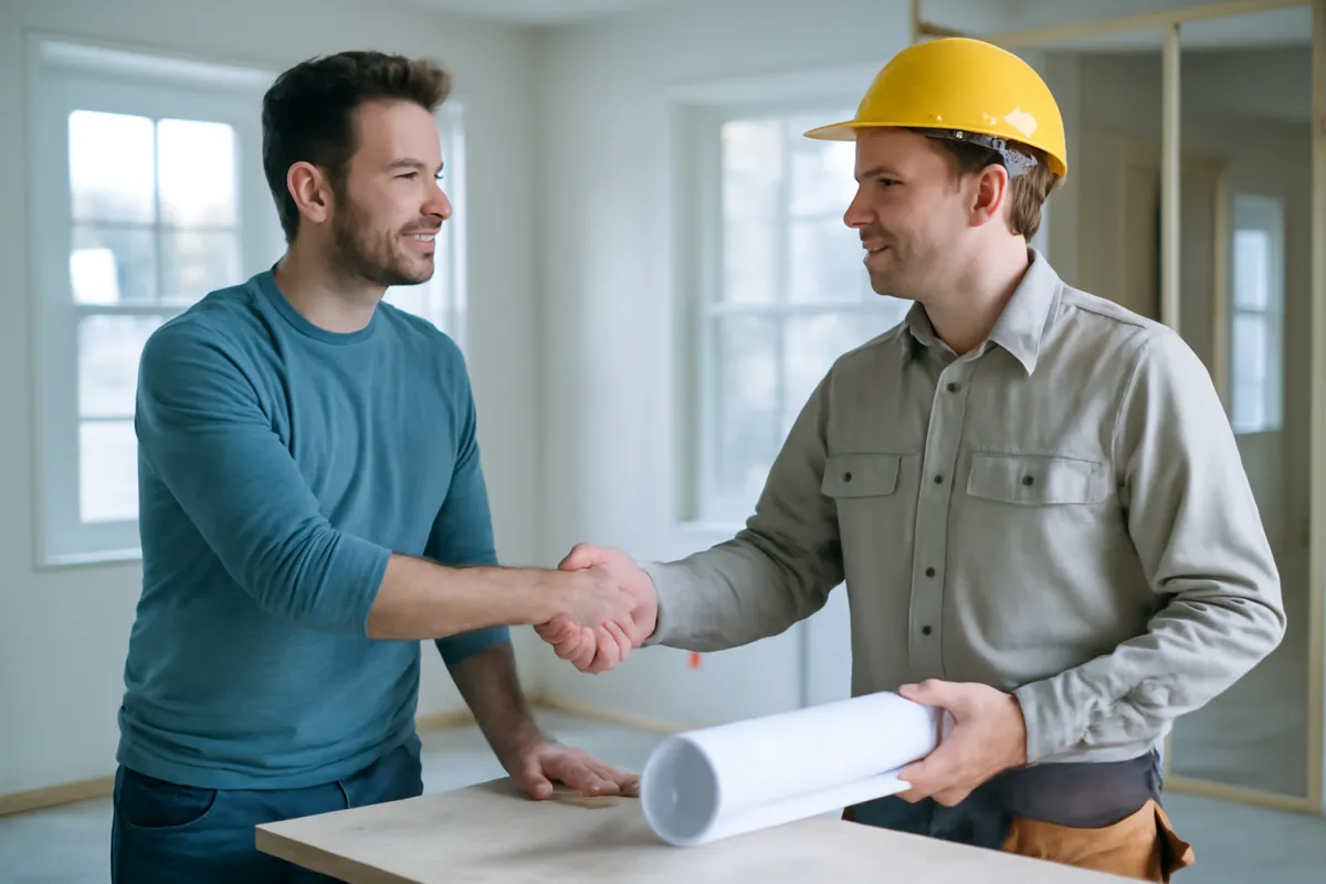 A homeowner and a contractor shaking hands over rolled renovation plans at a bright residential job site