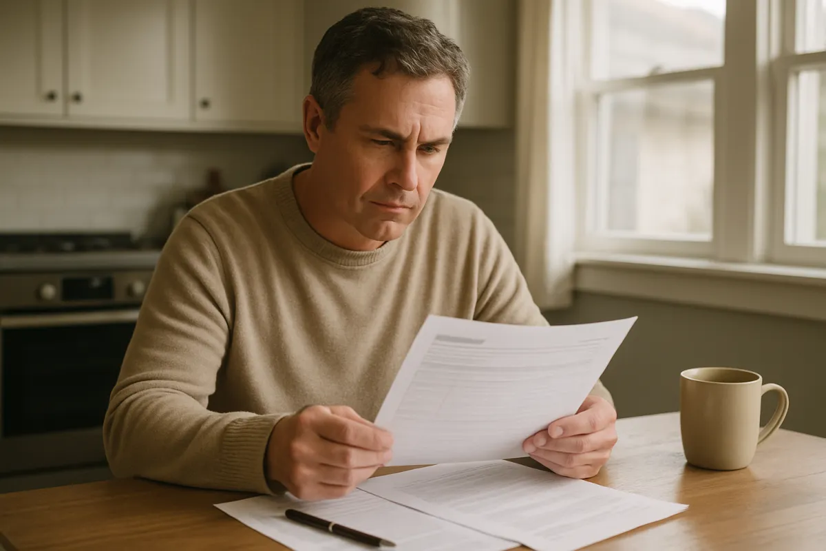 A homeowner sitting at a kitchen table carefully reviewing a printed multi-page contractor estimate with a pen and a coffee mug beside him