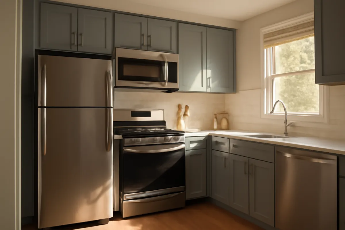 A finished small modern kitchen with stainless appliances, a tiled backsplash, and a light stone-look counter in warm morning light