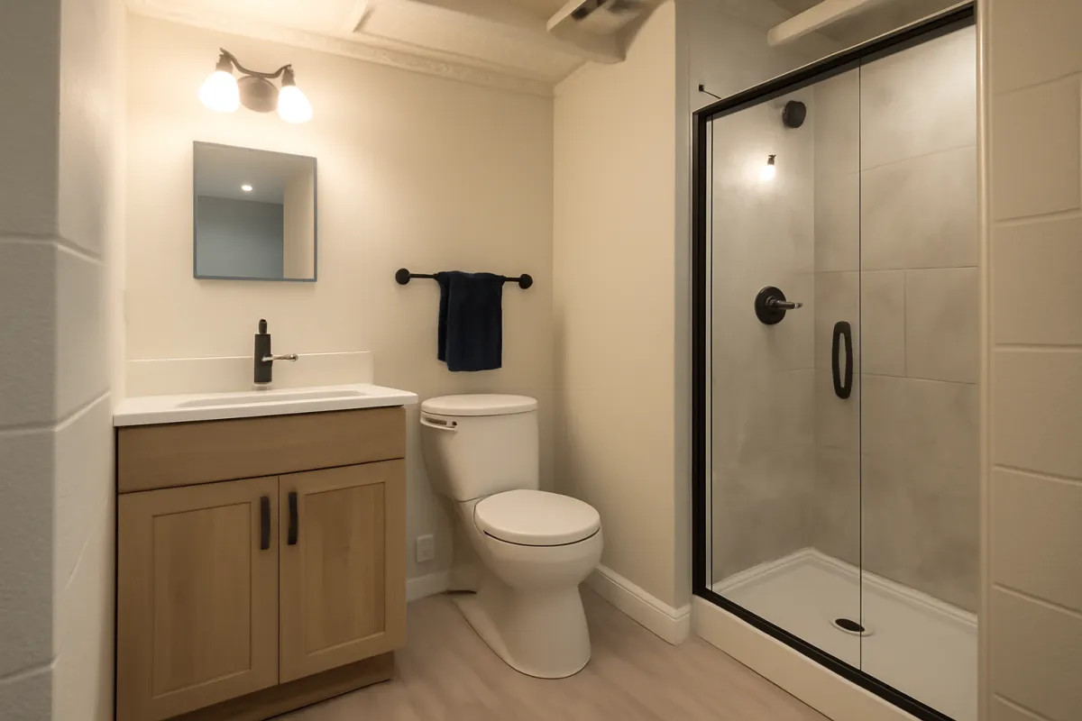 A finished lower level bathroom with a wood vanity and white countertop, a mirror, a toilet, and a glass enclosed shower