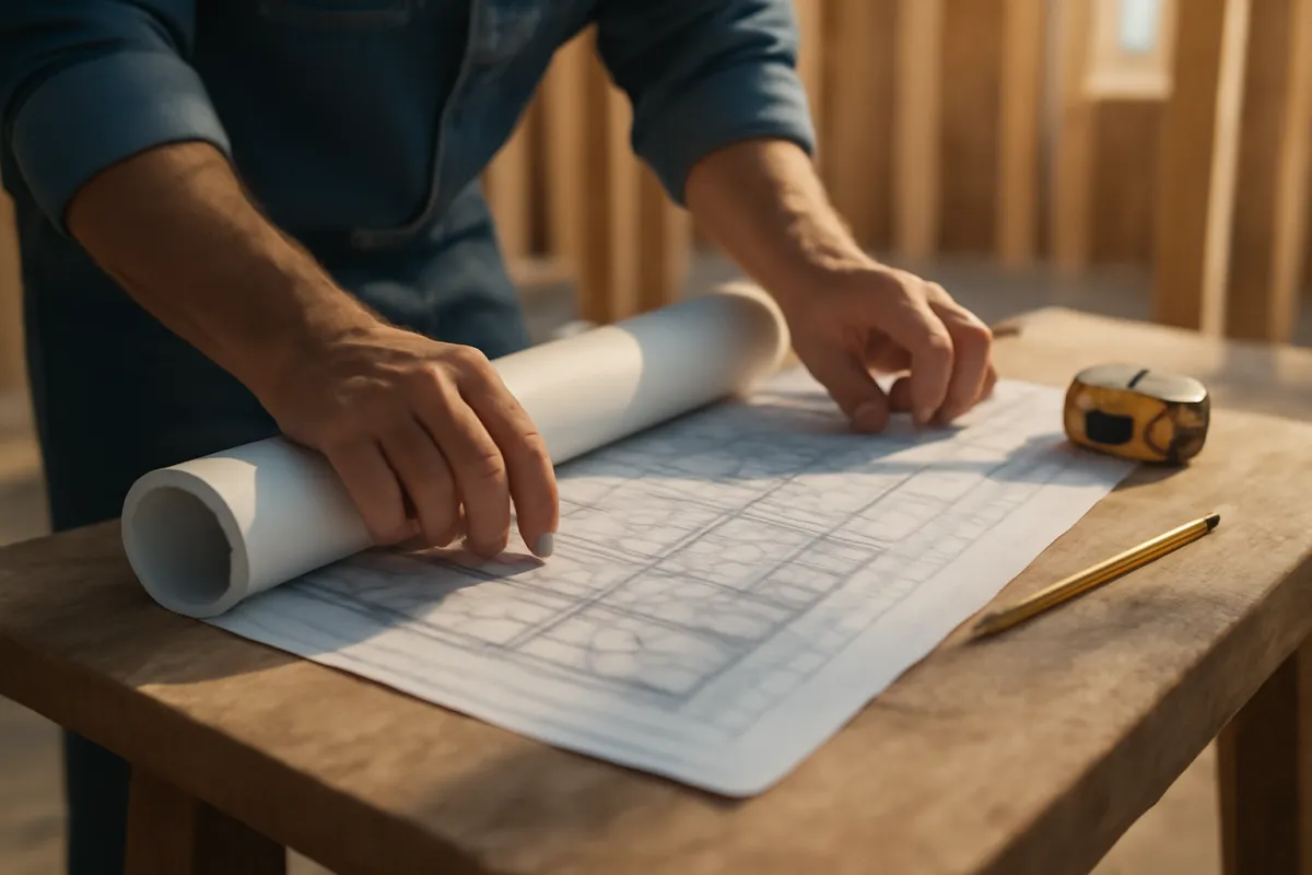 A general contractor unrolling detailed architectural blueprints on a wooden table at a construction site