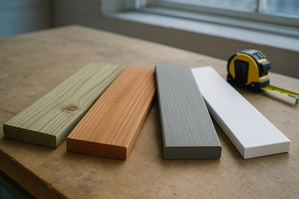 Samples of pressure-treated, cedar, gray composite, and white PVC deck boards fanned out on a workbench with a tape measure