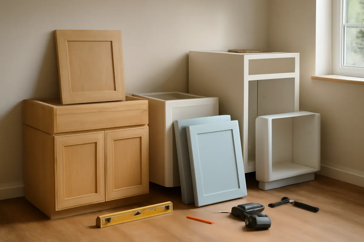 Kitchen cabinet boxes and shaker doors staged against a wall mid project, the kind of doors-off work a proper cabinet repaint involves
