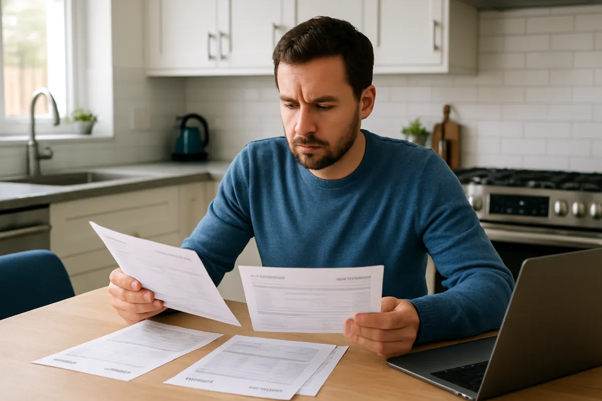 A homeowner comparing several printed contractor quotes side by side with a laptop