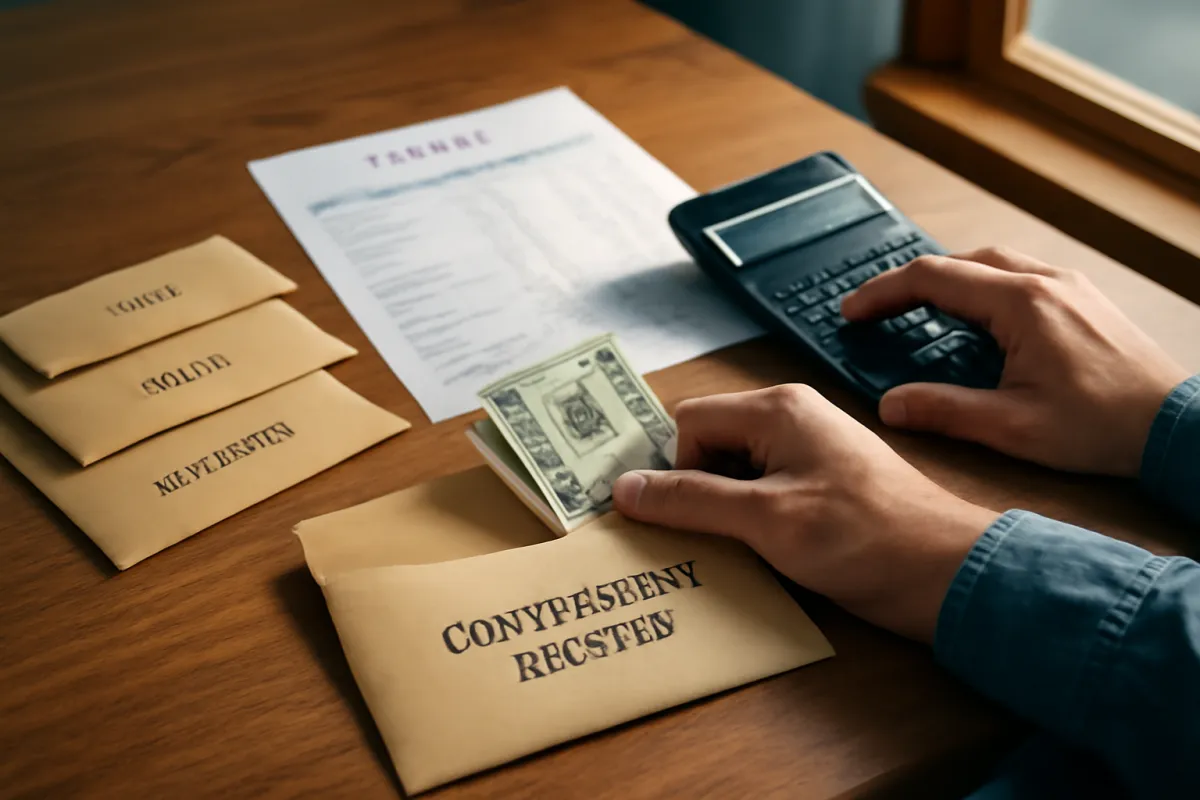 A person totaling home renovation costs with a calculator and a printed worksheet on a wooden table
