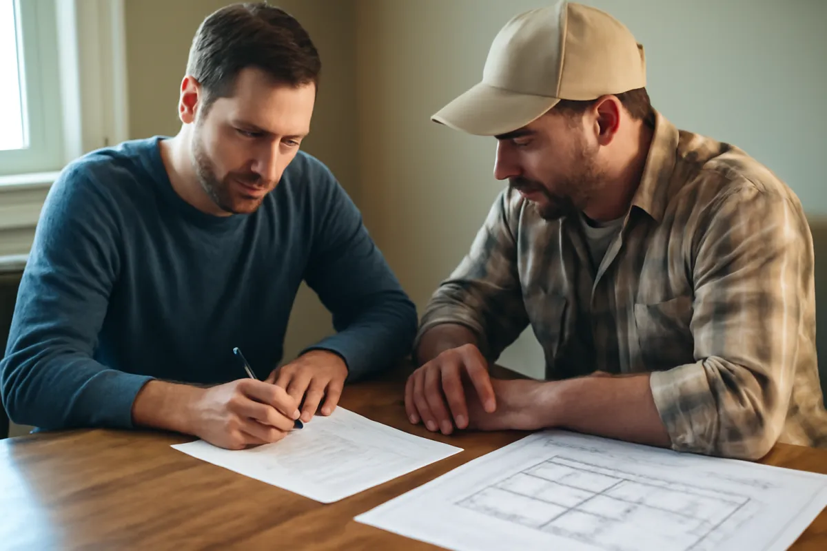 A homeowner and a contractor reviewing the clauses of a signed written contract at a table