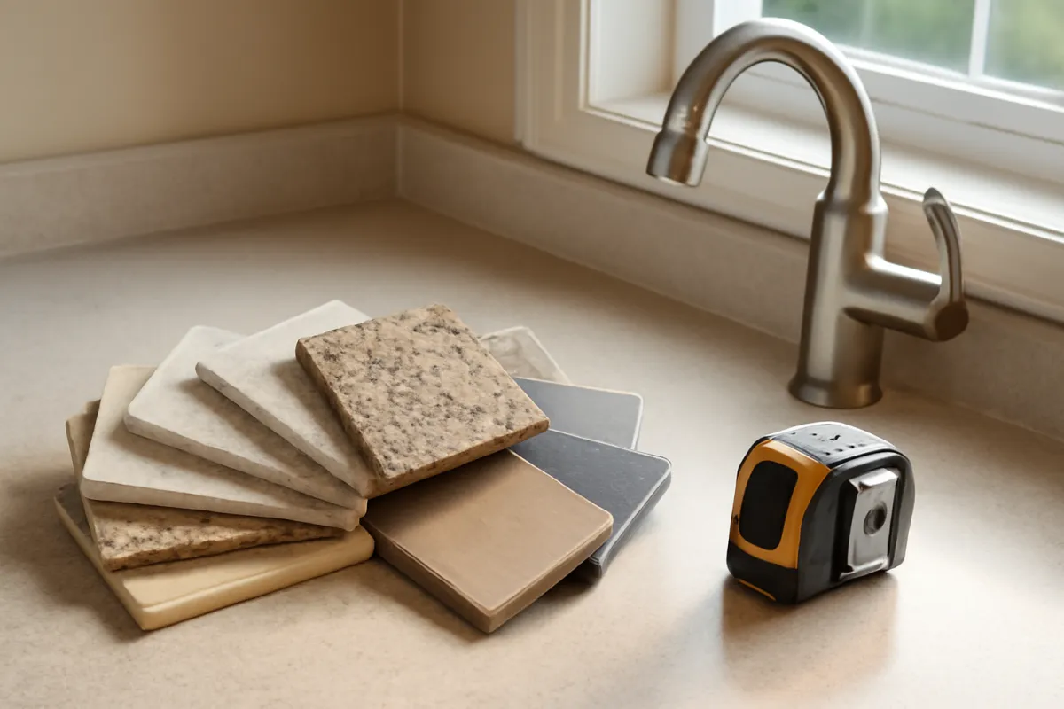 Countertop material samples in stone-look and solid finishes fanned out on a counter beside a tape measure