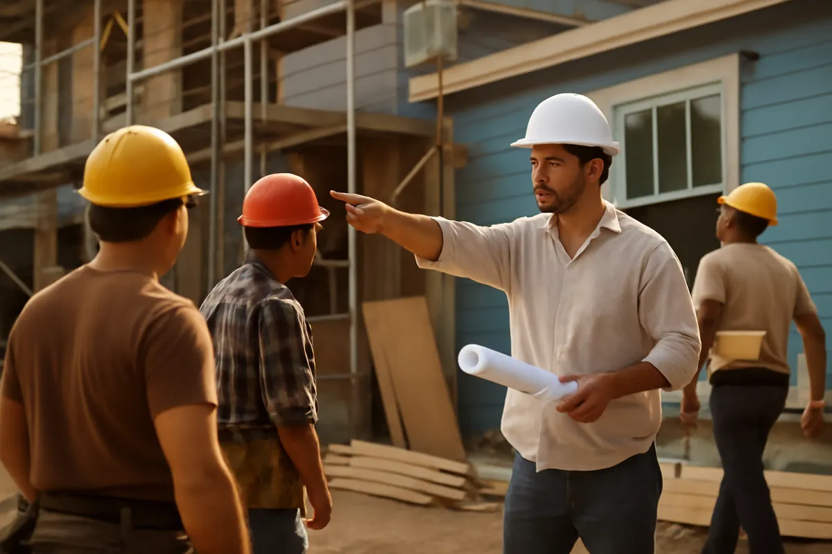 A professional pointing out work to a crew outside a home, a reminder that gas, refrigerant, and electrical HVAC repairs belong with a licensed pro