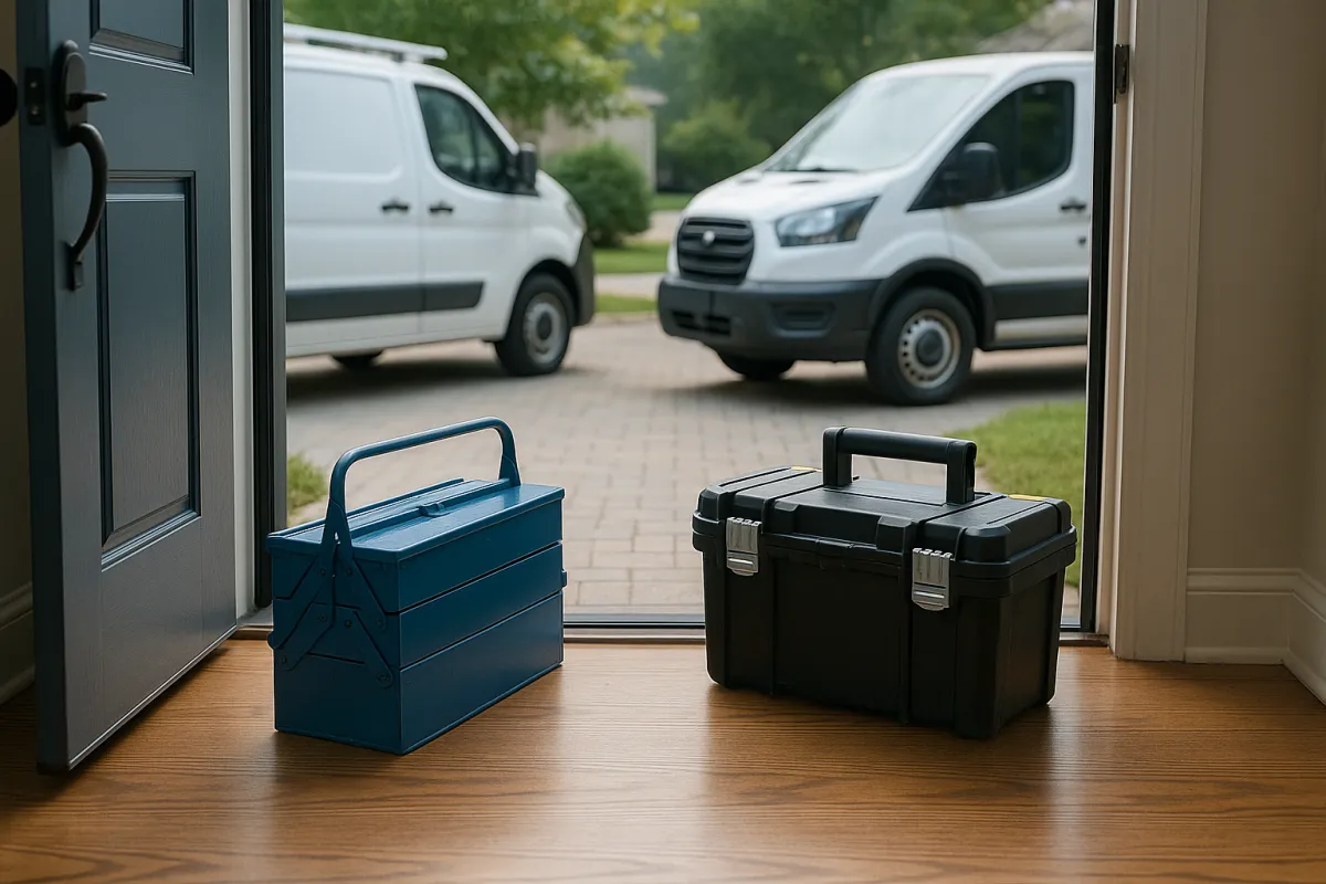 Two toolboxes sitting on a wood floor at an open front door with white contractor vans parked in the driveway outside