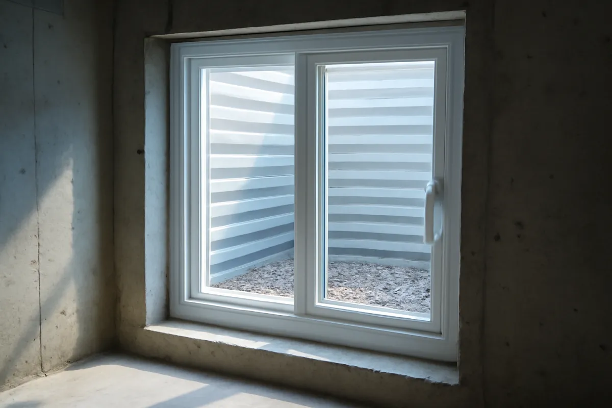 A basement window well with a new white window set into a concrete foundation wall and daylight coming through