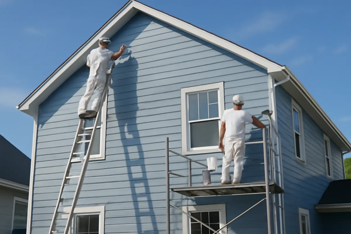 Two workers on a ladder and a scaffold platform working on the upper exterior of a two-story house with pale blue siding under a clear sky