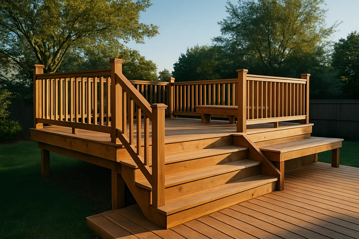 A finished elevated deck with wooden stairs, a railing with balusters, and a built-in bench seat in warm afternoon light
