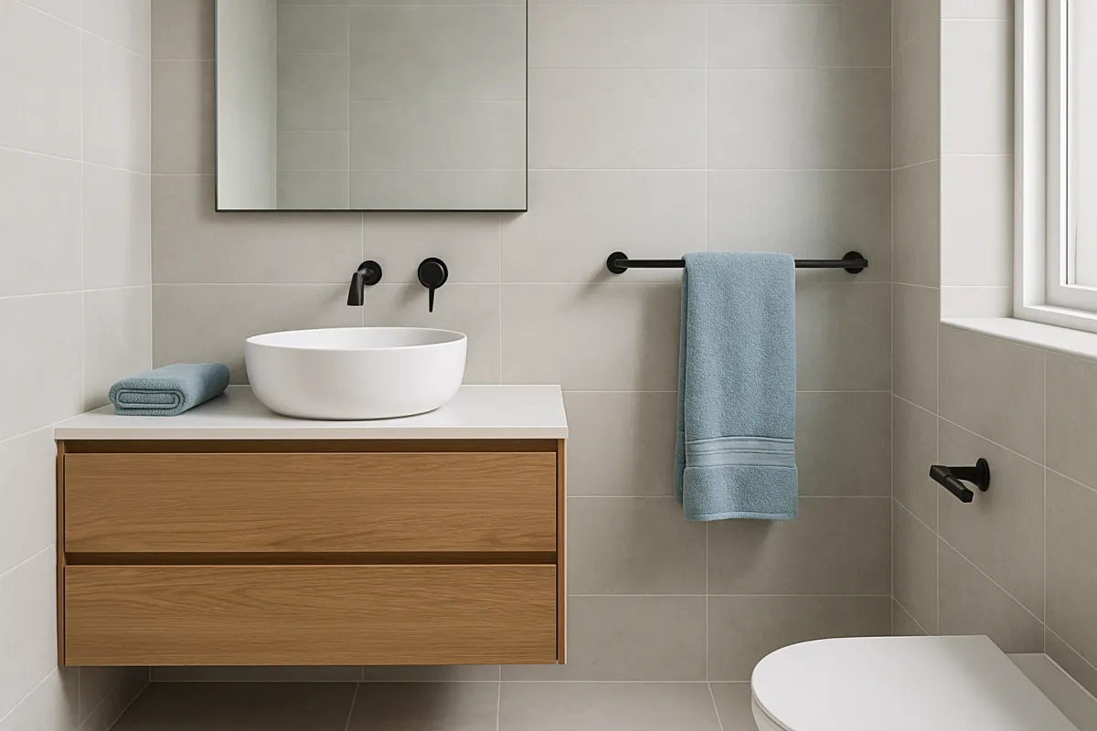 A finished modern bathroom corner with a floating wood vanity, white basin, and large-format tile