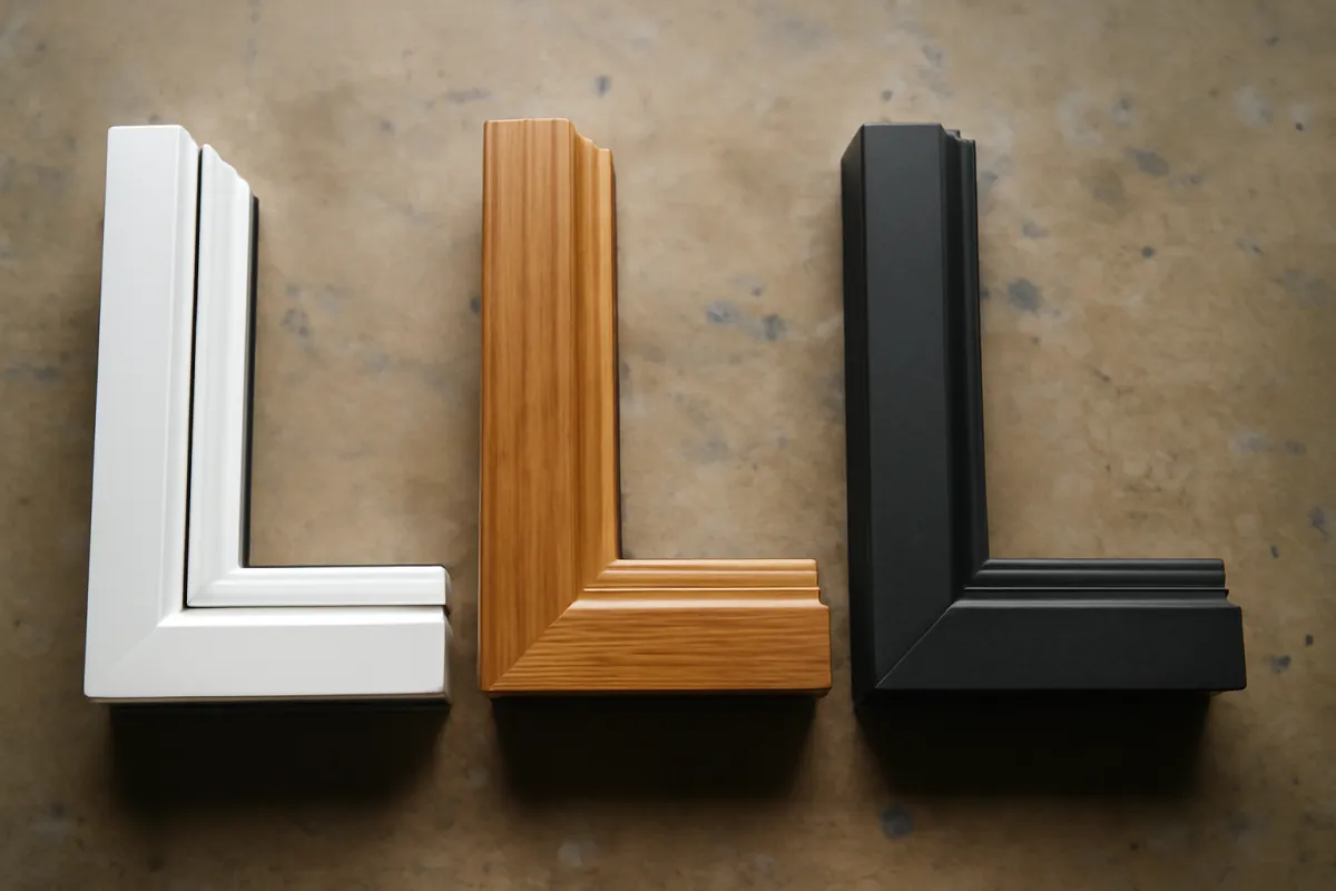 Three window frame corner samples side by side in natural light: one white, one natural wood, one dark-finished