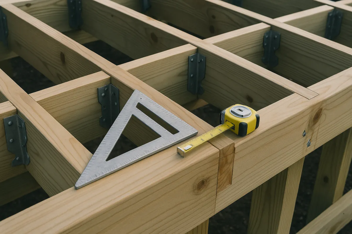 Close-up of deck framing under construction with joists, beams, galvanized joist hangers, and a framing square resting on the wood