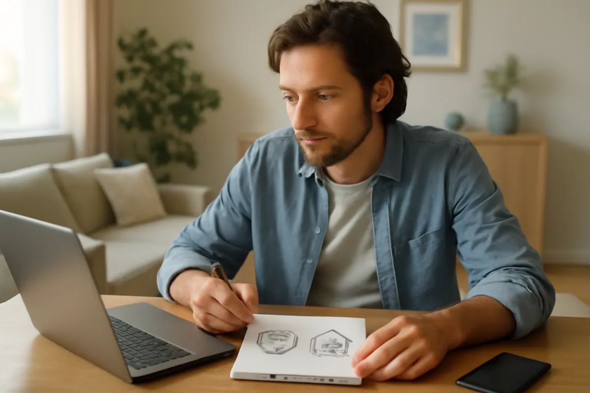 A homeowner working through renovation notes on a notepad beside a laptop at a table in warm daylight