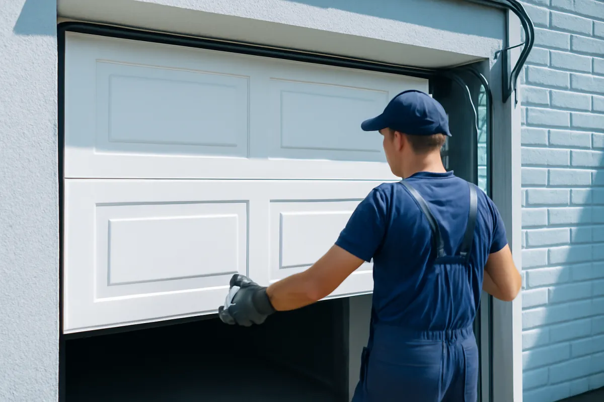 A contractor installing a new white sectional garage door on a residential garage in daylight