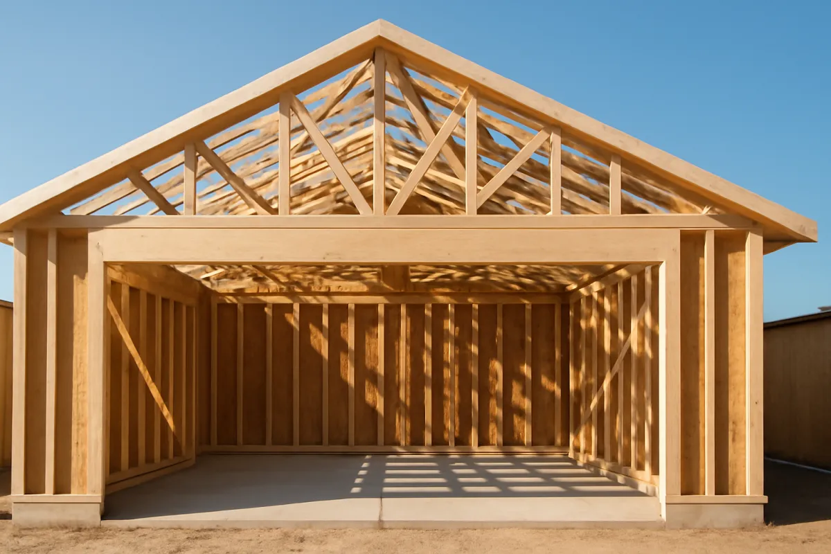 Wood-framed walls and roof trusses of a small gable outbuilding under construction on a concrete slab against a clear blue sky