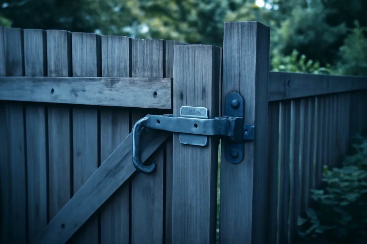 A wood fence gate with heavy metal hinges and a latch hung between two corner posts, greenery behind it in low evening light