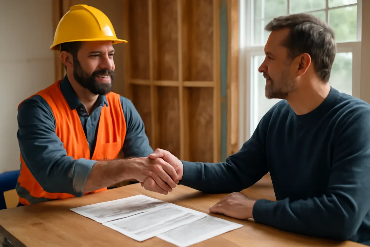 A homeowner and a contractor shaking hands across a table of paperwork after a site visit