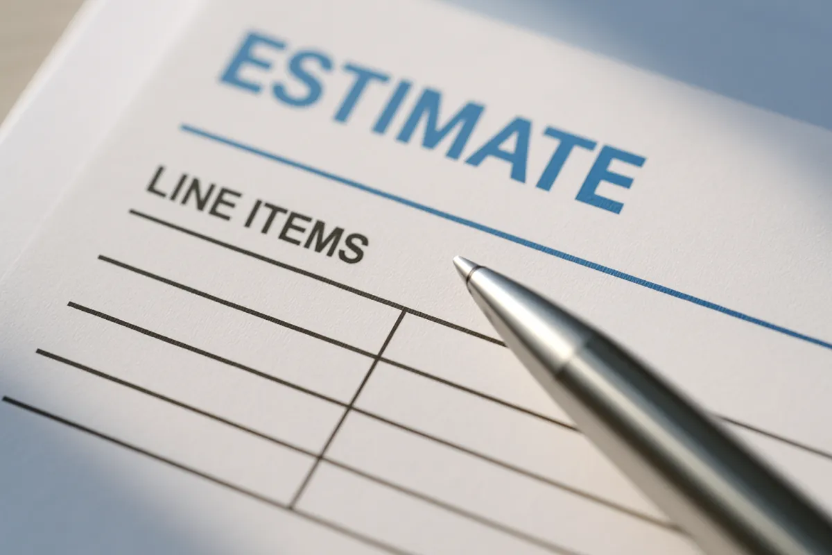 A close view of a printed form headed Estimate with a Line Items column and ruled rows, with a metal pen resting on it