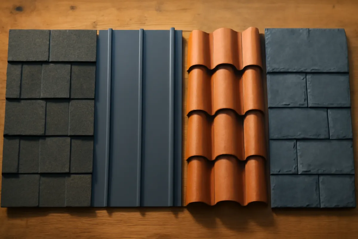 A flat-lay of roofing material samples side by side: an architectural asphalt shingle, a standing-seam metal panel, a clay tile, and a slate piece on a wooden workbench