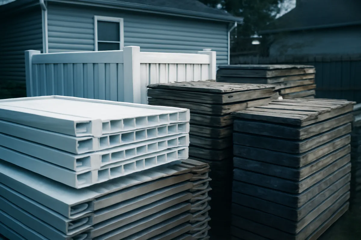 Stacks of white vinyl fence panels and weathered gray wood boards waiting in a yard beside a finished fence