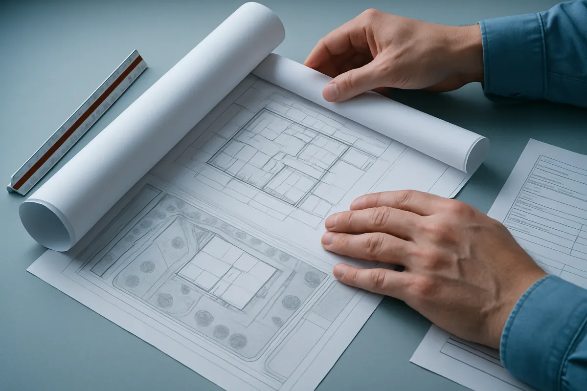 Hands unrolling construction drawings and a site plan beside a completed application form, the paperwork a real business can produce on request
