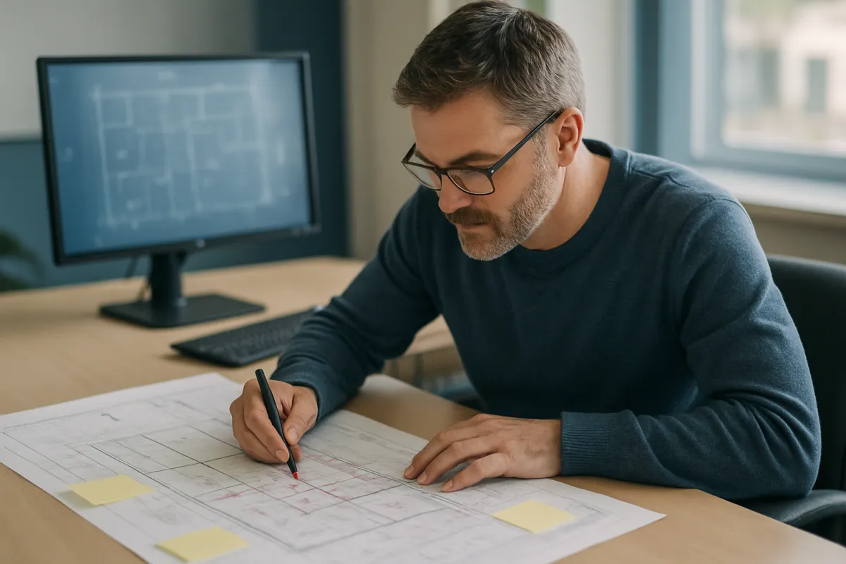 A plan reviewer at a desk marking building drawings with red corrections and sticky notes beside a monitor showing a blurred blueprint