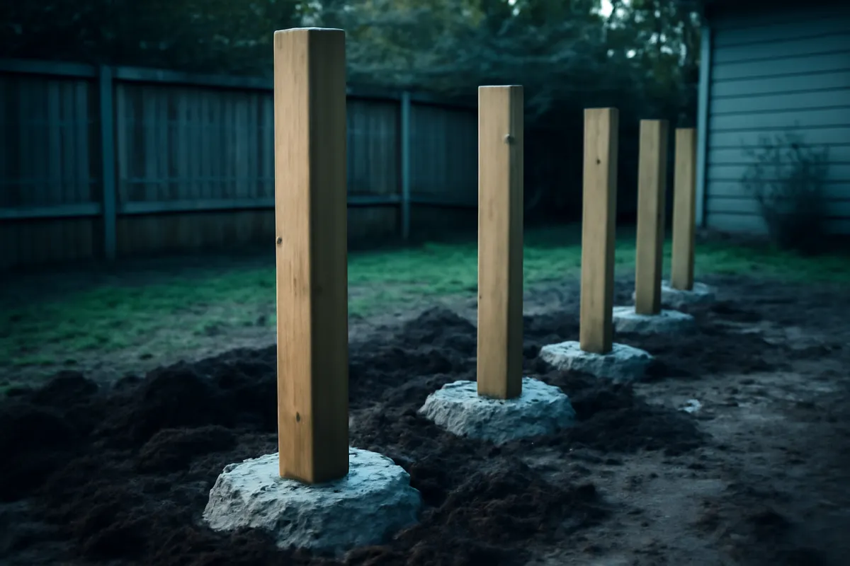 Wooden fence posts freshly set plumb in concrete footings along a line of dug backyard soil