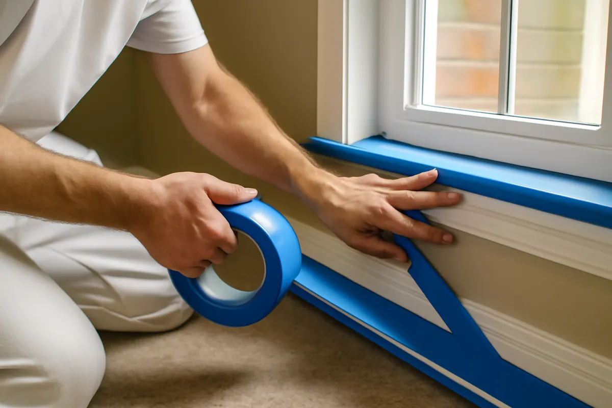 A person running painter's tape along trim at floor level, indoor prep standing in for the site prep a pool dig demands