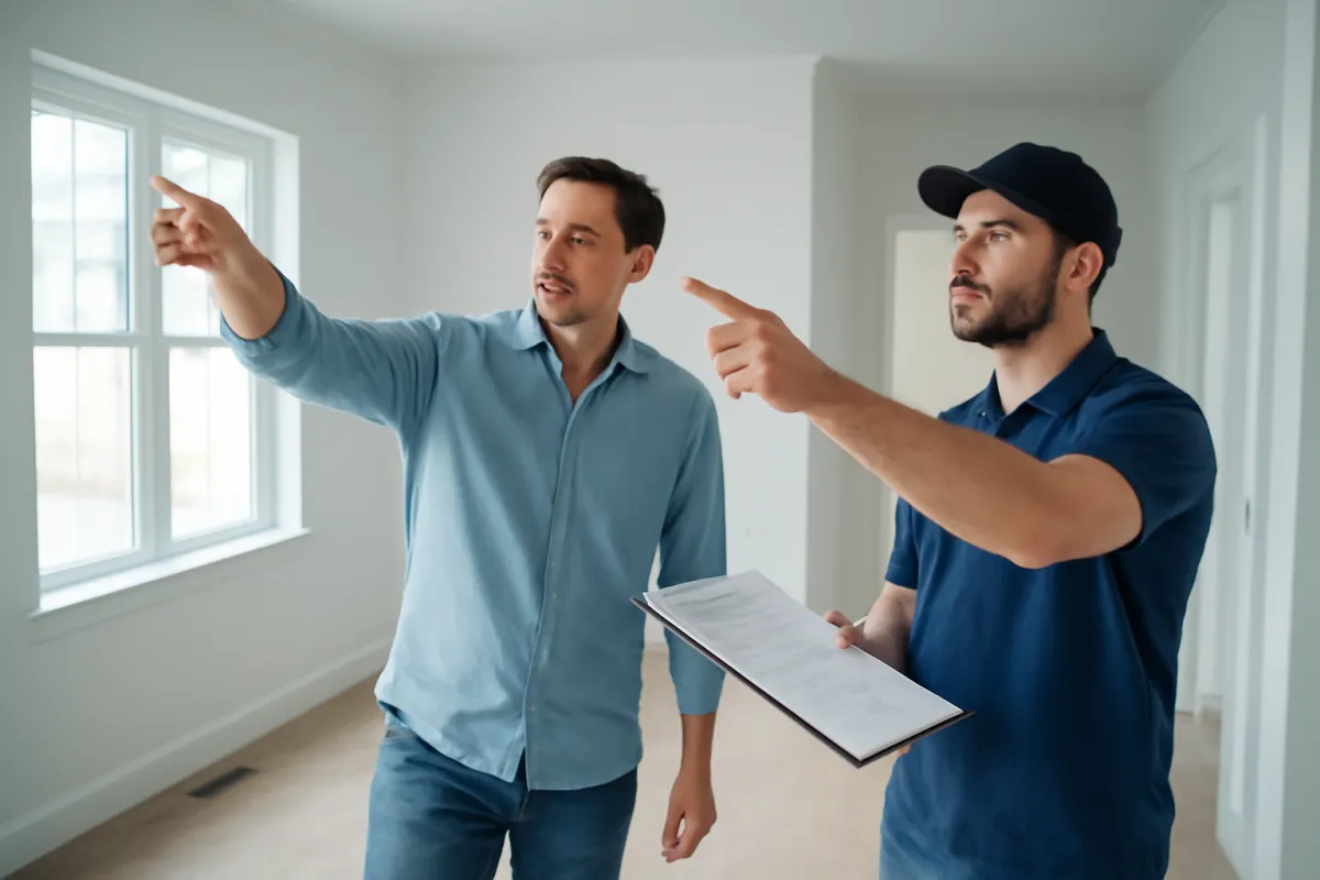 A homeowner and a contractor reviewing completed work against a written checklist at a home